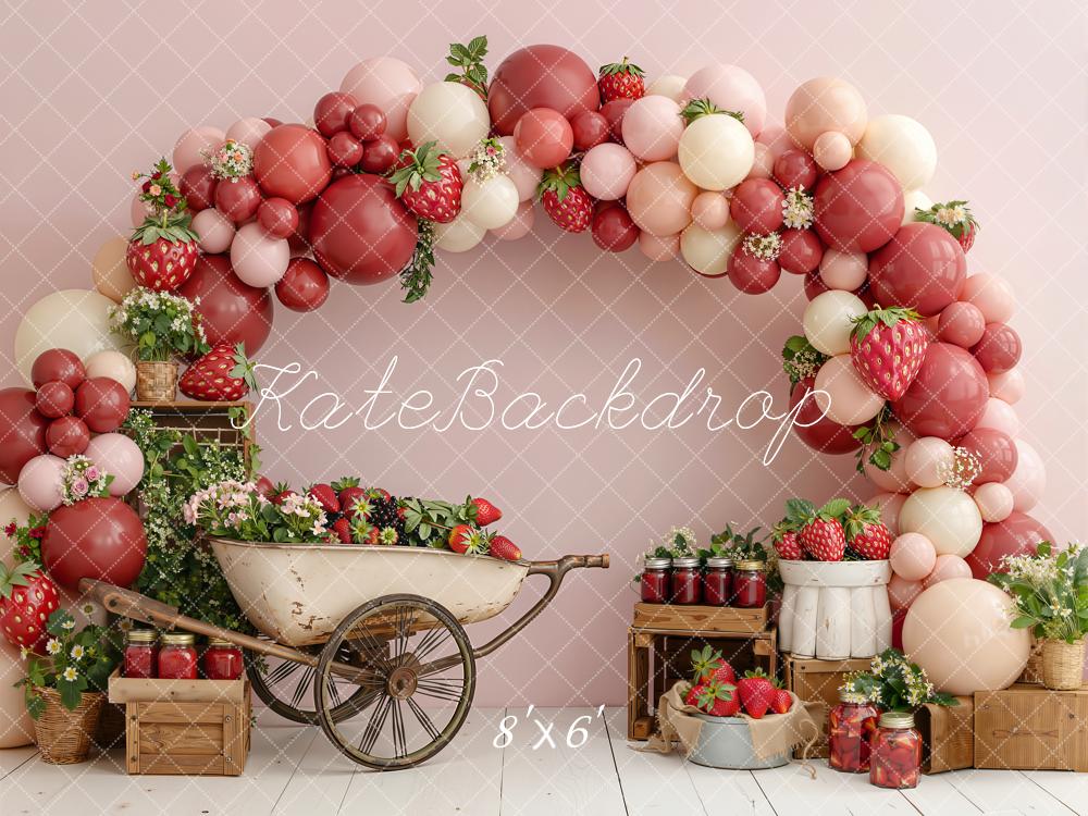 Kate Strawberry Balloon Arch Wheelbarrow Pink Fleece Backdrop Designed by Emetselch