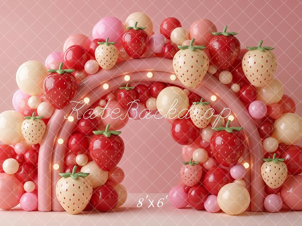 Kate Strawberry Balloon Rainbow Arch Pink Fleece Backdrop Designed by Emetselch