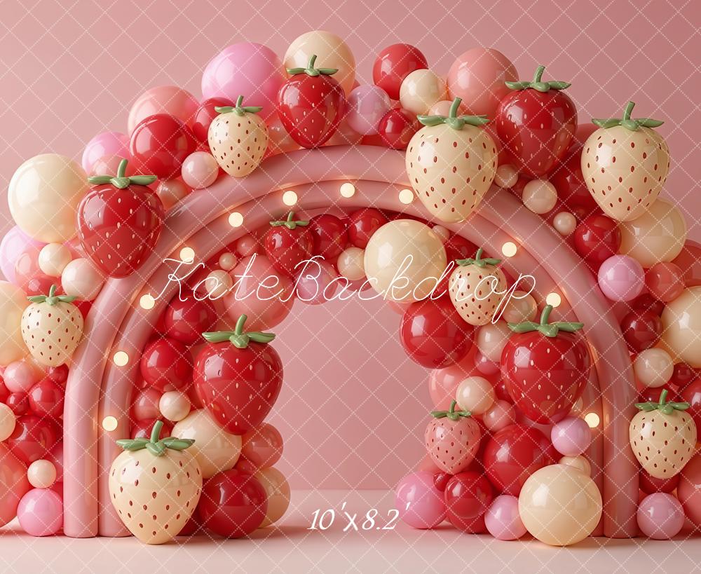 Kate Strawberry Balloon Rainbow Arch Pink Fleece Backdrop Designed by Emetselch - Image 3