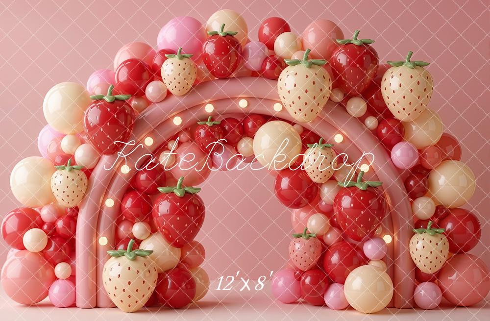 Kate Strawberry Balloon Rainbow Arch Pink Fleece Backdrop Designed by Emetselch - Image 4