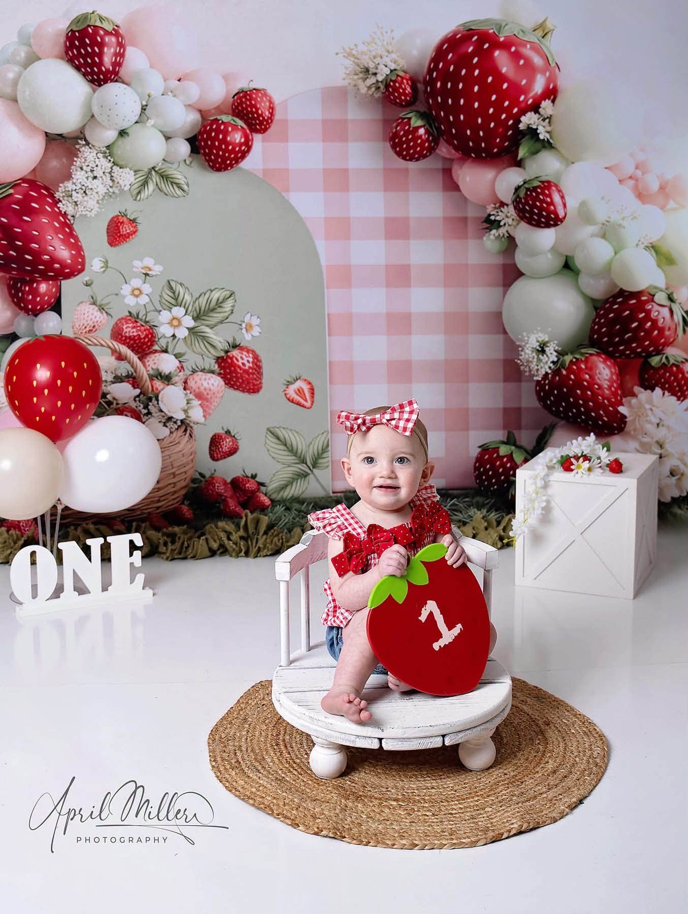 Kate Strawberry Basket Balloons Gingham Backdrop Designed by Emetselch - Image 5