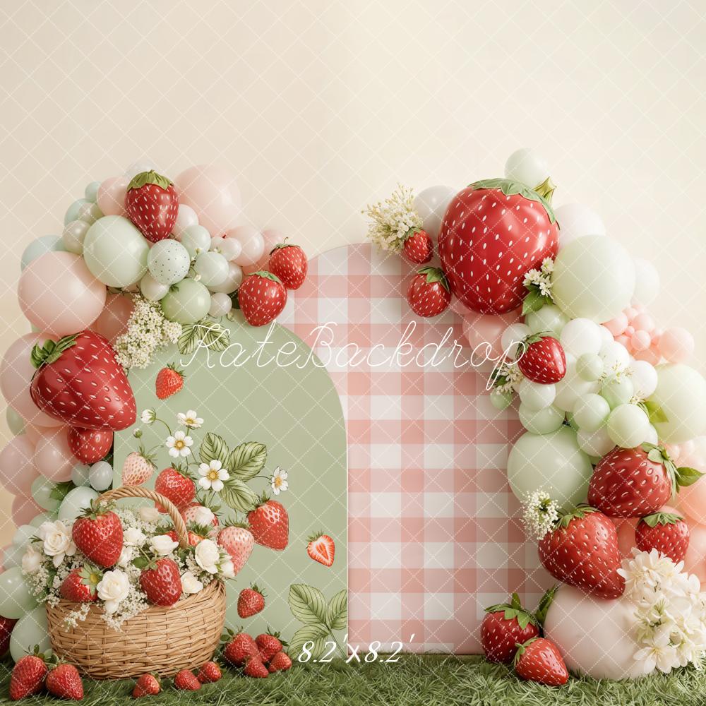 Kate Strawberry Basket Balloons Gingham Backdrop Designed by Emetselch - Image 9