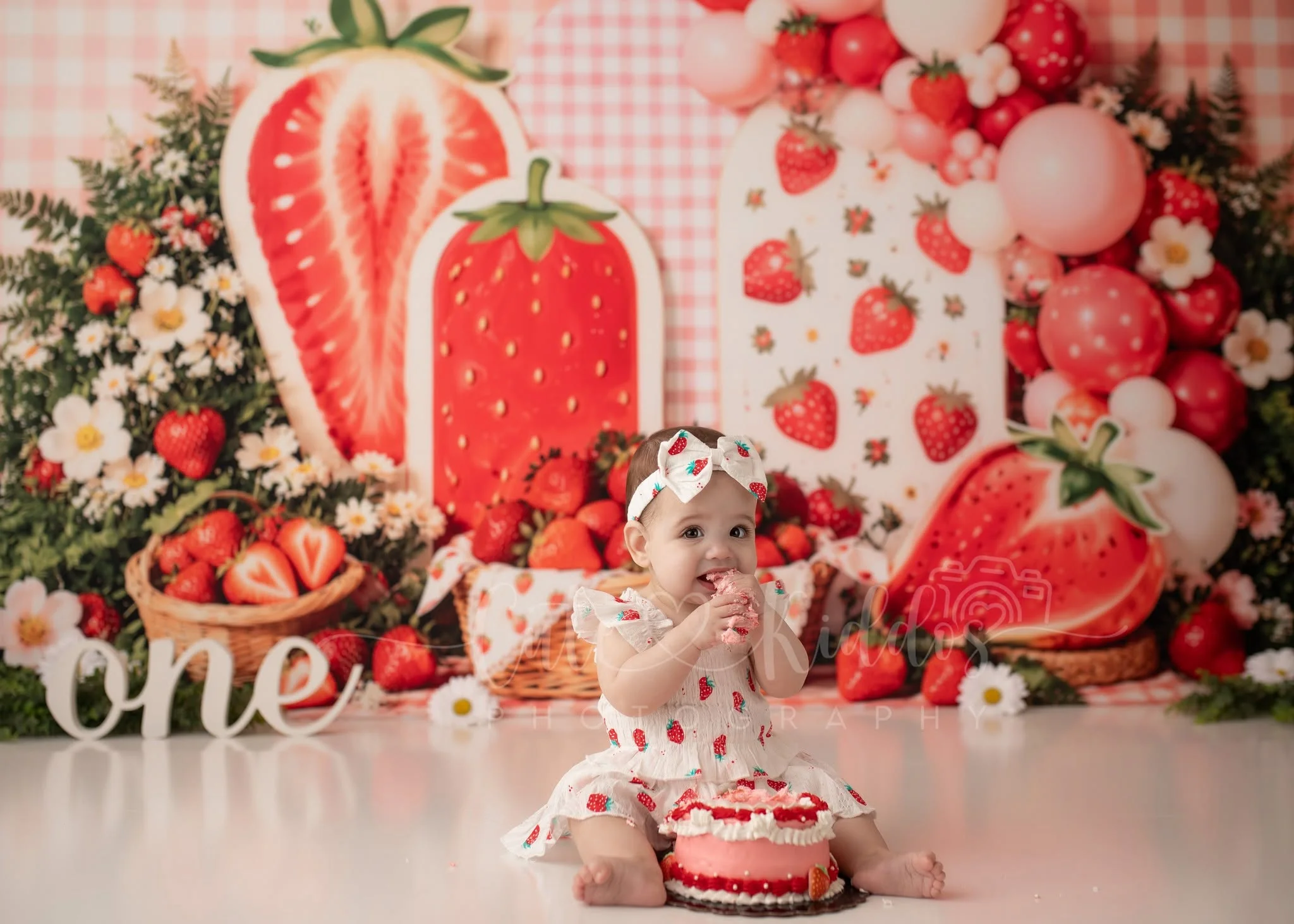 Kate Strawberry Baskets Pink Gingham Backdrop Designed by Emetselch