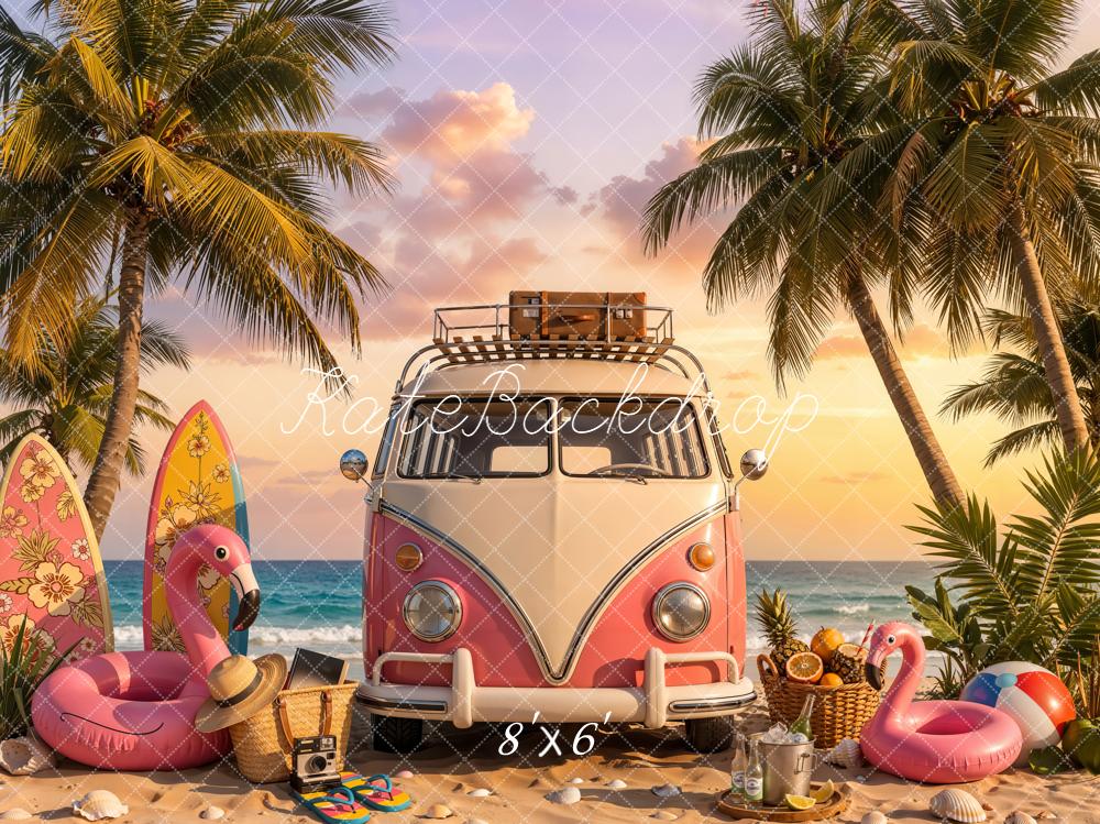 Kate Summer Beach Palm Trees Surfboards Pink Truck Fleece Backdrop Designed by Chain Photography