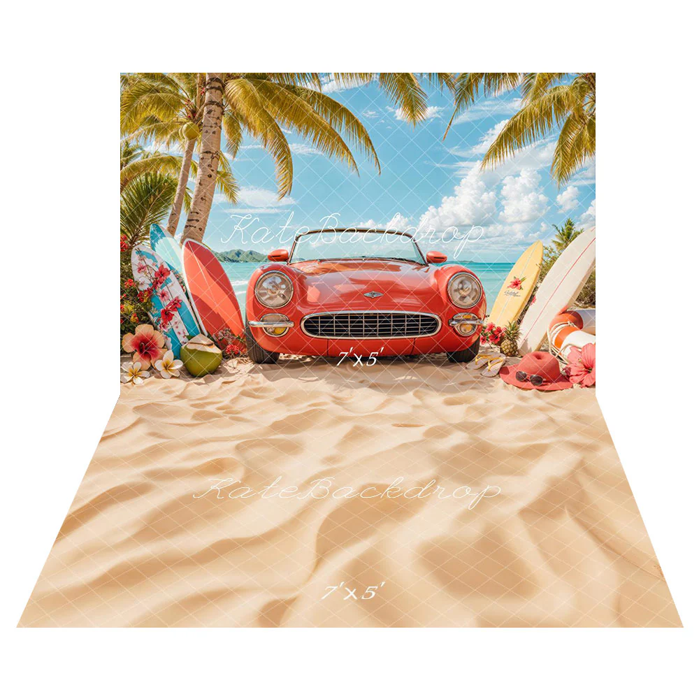 Kate Summer Beach Red Car Surf Backdrop+Beach Sand Floor Backdrop