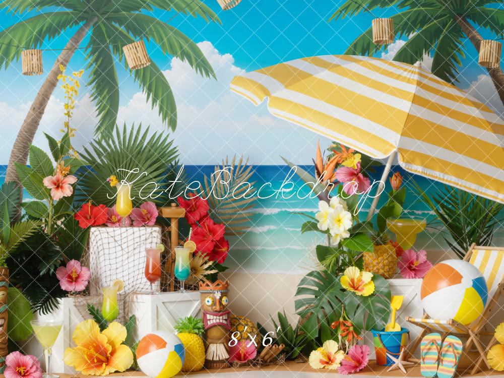 Kate Summer Beach Umbrella Palm Trees Tropical Fleece Backdrop Designed by Emetselch