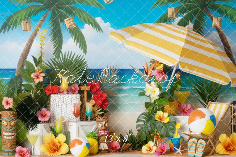 Kate Summer Beach Umbrella Palm Trees Tropical Fleece Backdrop Designed by Emetselch - Image 4