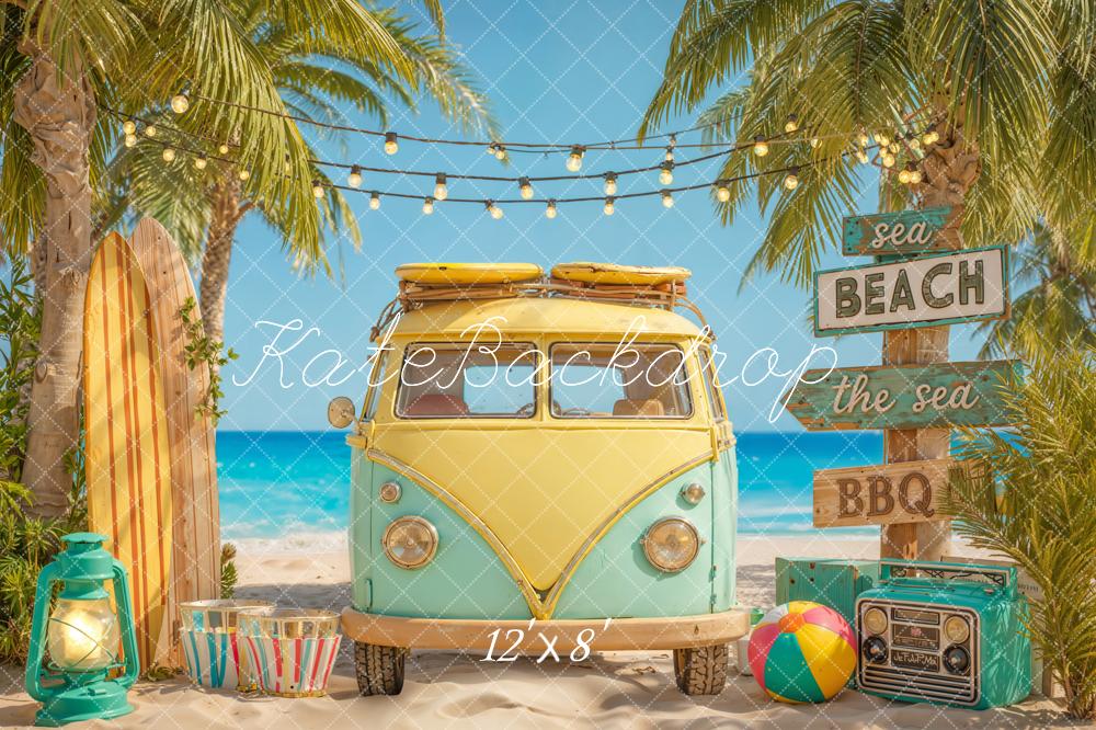 Kate Summer Beach Van Surfboard Palm Fleece Backdrop Designed by Emetselch - Image 4