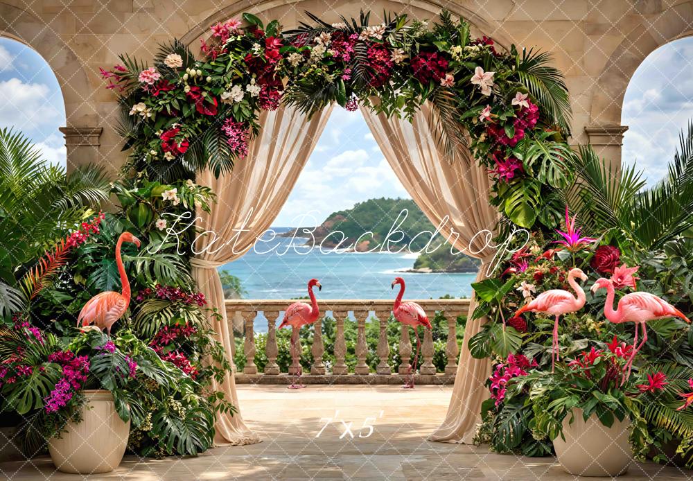 Kate Summer Flamingos Ocean Terrace Backdrop Designed by Mini MakeBelieve