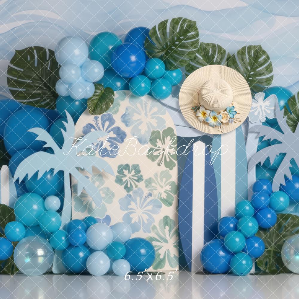 Kate Summer Palm Leaves Blue Balloons Surfboard Backdrop Designed by Emetselch - Image 2