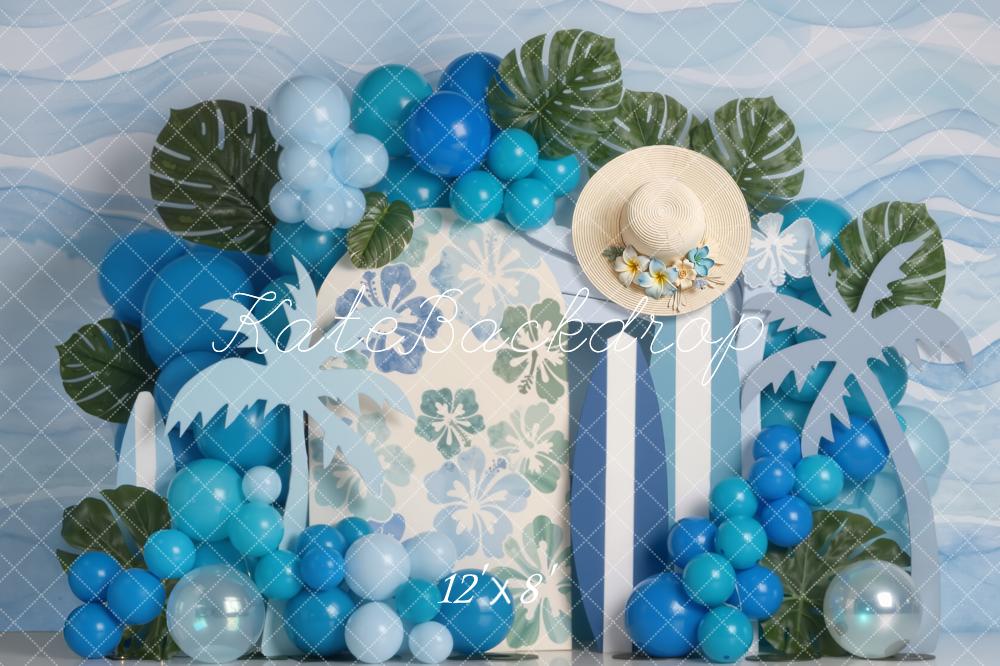 Kate Summer Palm Leaves Blue Balloons Surfboard Backdrop Designed by Emetselch - Image 8