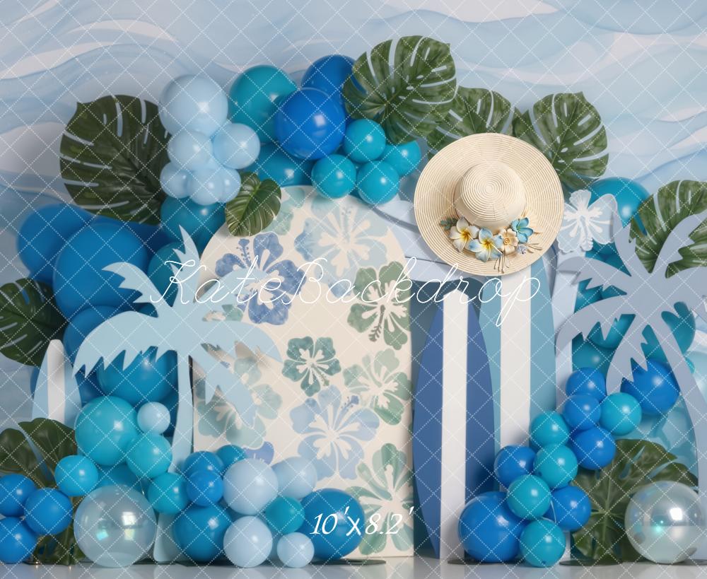 Kate Summer Palm Leaves Surfboards Balloons Fleece Backdrop Designed by Emetselch - Image 3