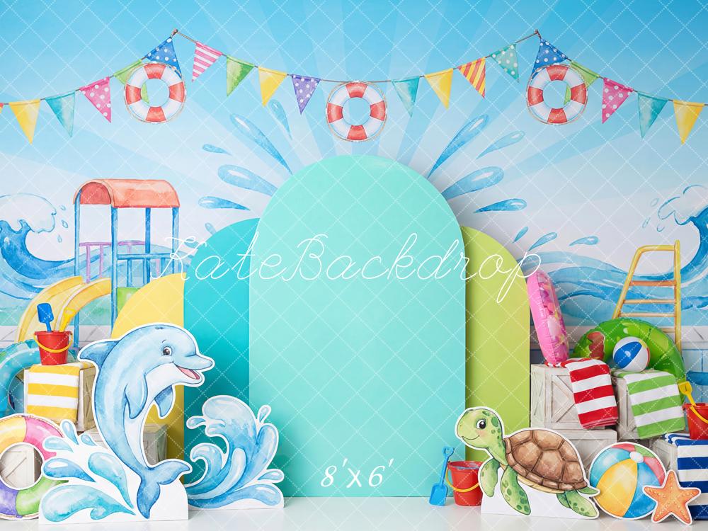 Kate Summer Pool Party Waves Lifebuoy Dolphin Fleece Backdrop Designed by Patty Robert