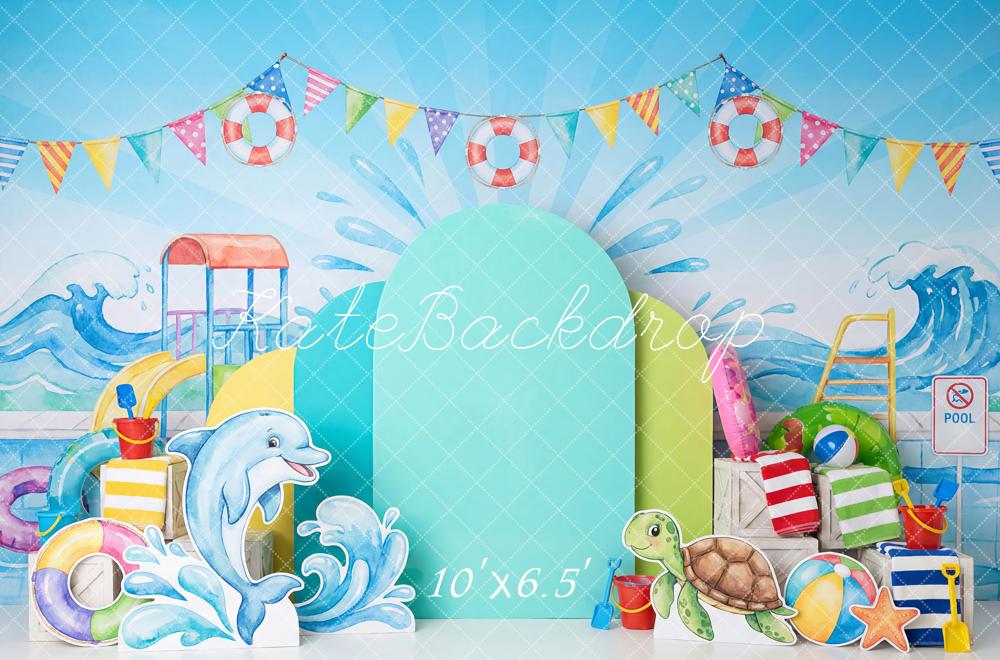 Kate Summer Pool Party Waves Lifebuoy Dolphin Fleece Backdrop Designed by Patty Robert - Image 2