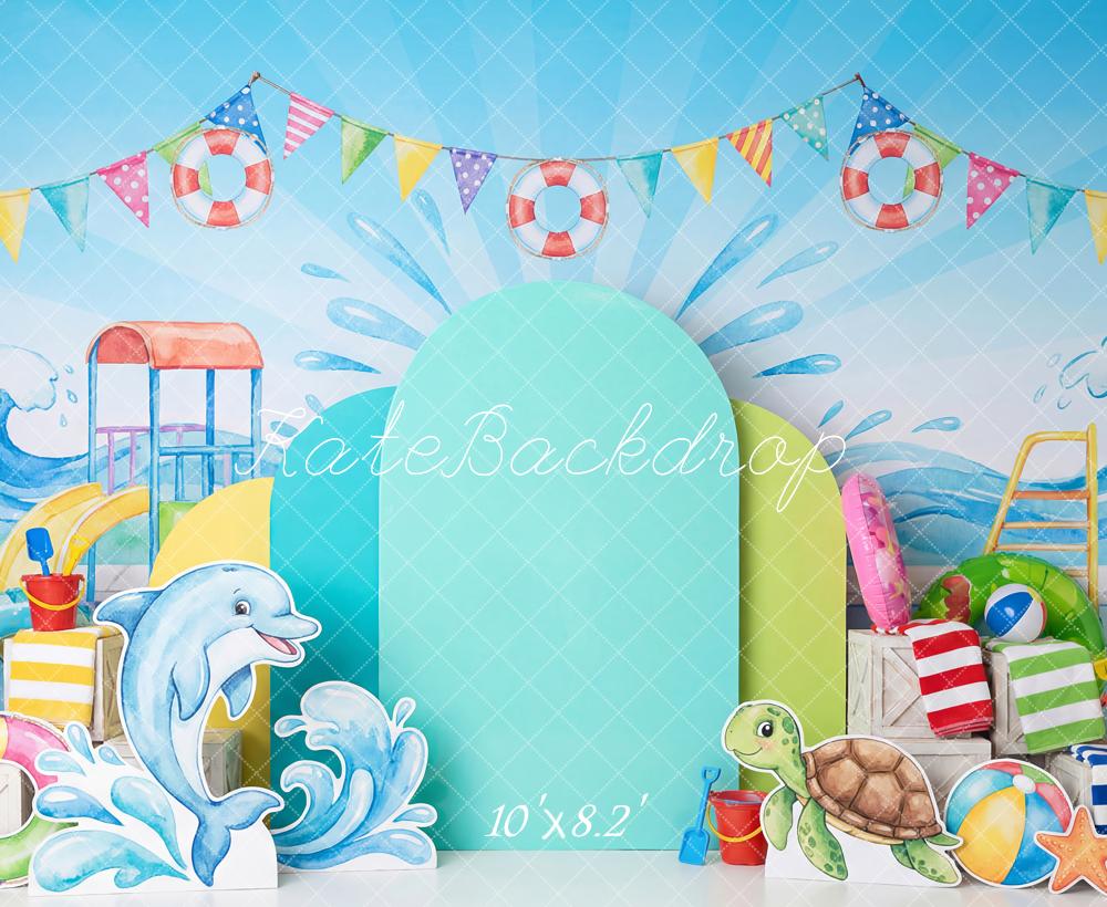 Kate Summer Pool Party Waves Lifebuoy Dolphin Fleece Backdrop Designed by Patty Robert - Image 3