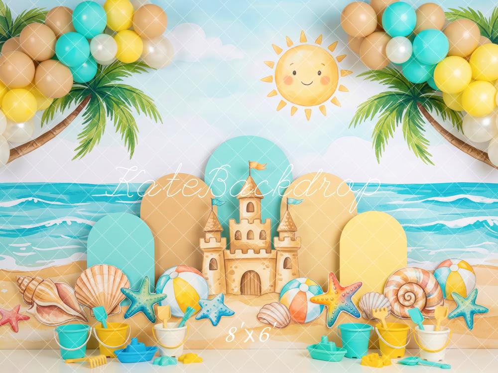 Kate Summer Sandcastle Seashells Palm Trees Fleece Backdrop Designed by Patty Robert