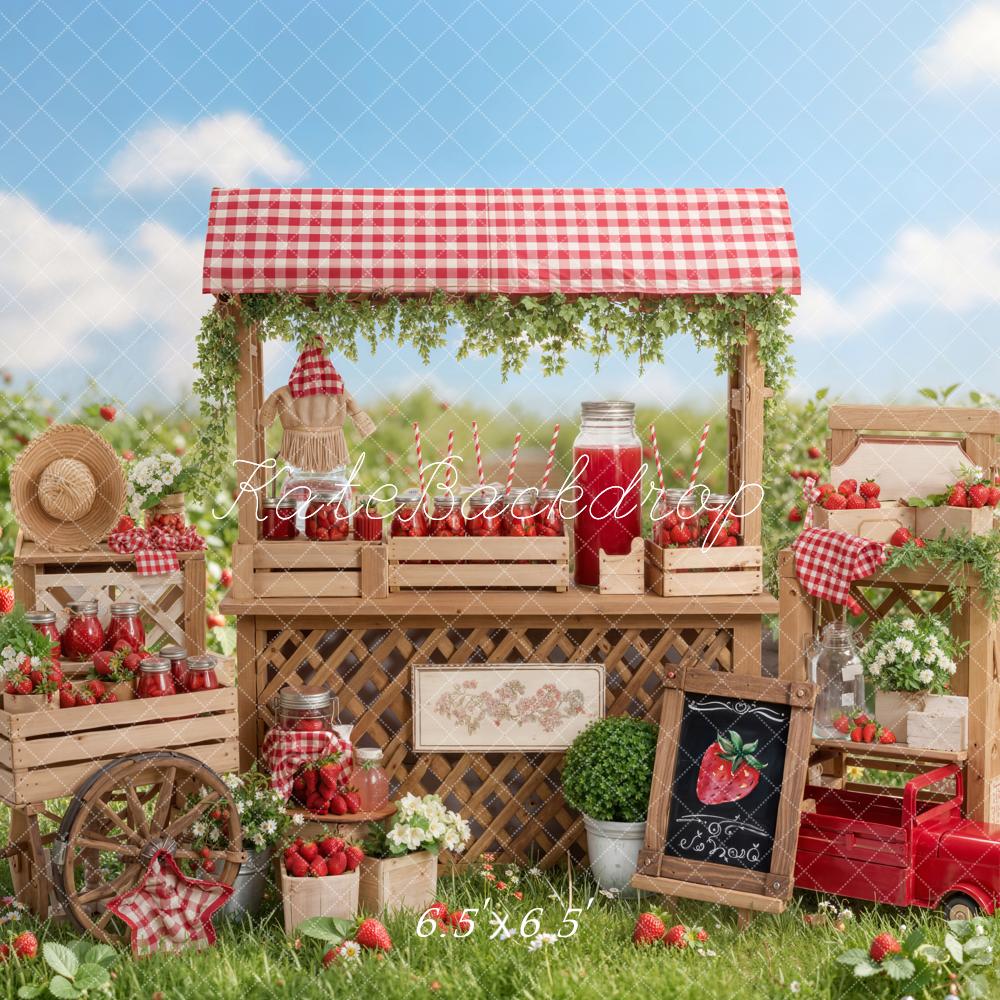 Kate Summer Strawberry Stand Field Red Backdrop Designed by Emetselch - Image 2