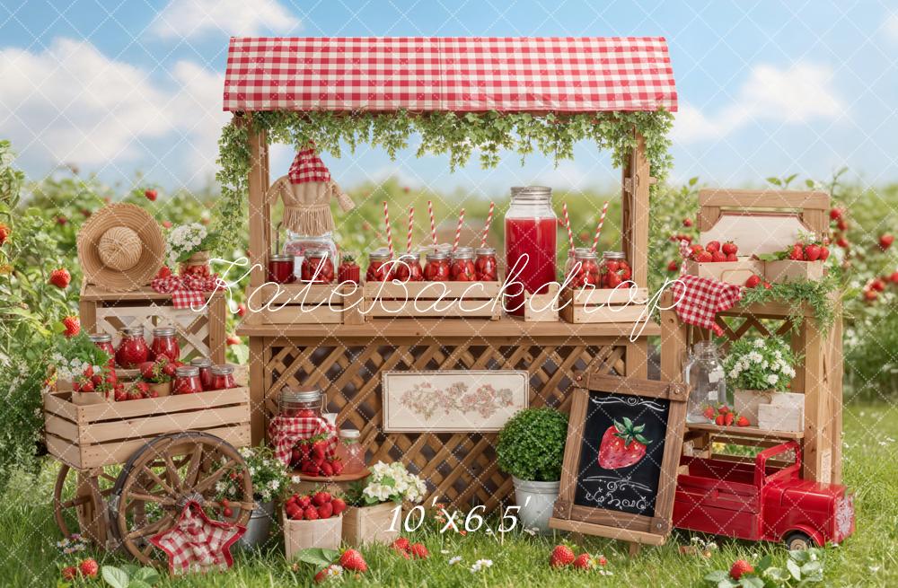 Kate Summer Strawberry Stand Field Red Backdrop Designed by Emetselch - Image 4