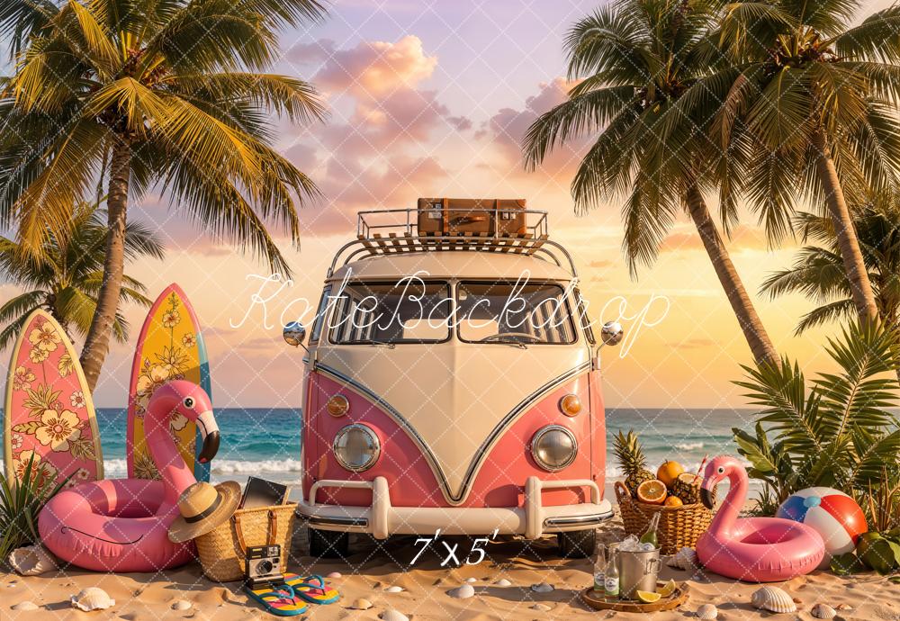 Kate Summer Truck Surfboards Flamingo Palm Trees Backdrop Designed by Chain Photography