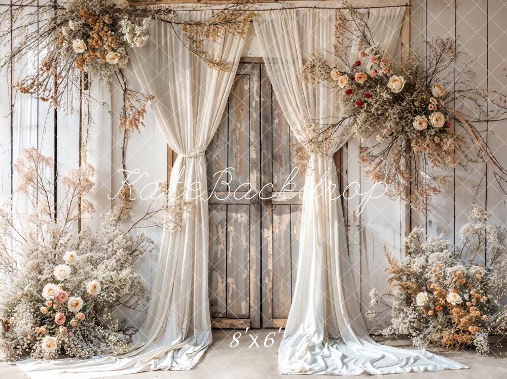 Kate Summer White Floral Curtain Brown Wooden Door Backdrop Designed by Emetselch - Image 3