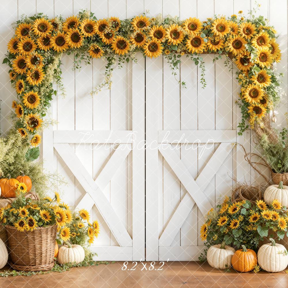Kate Sunflower Arch Pumpkins White Barn Backdrop Designed by Emetselch - Image 5