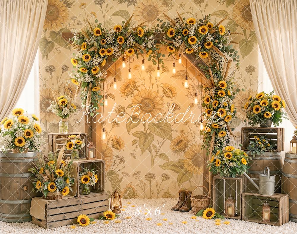 Kate Sunflower Arch Wooden Barrels Vintage Crates Fleece Backdrop Designed by Emetselch