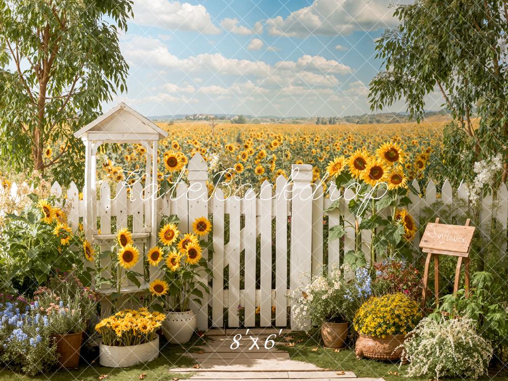 Kate Sunflower Field White Picket Fence Garden Fleece Backdrop Designed by Emetselch