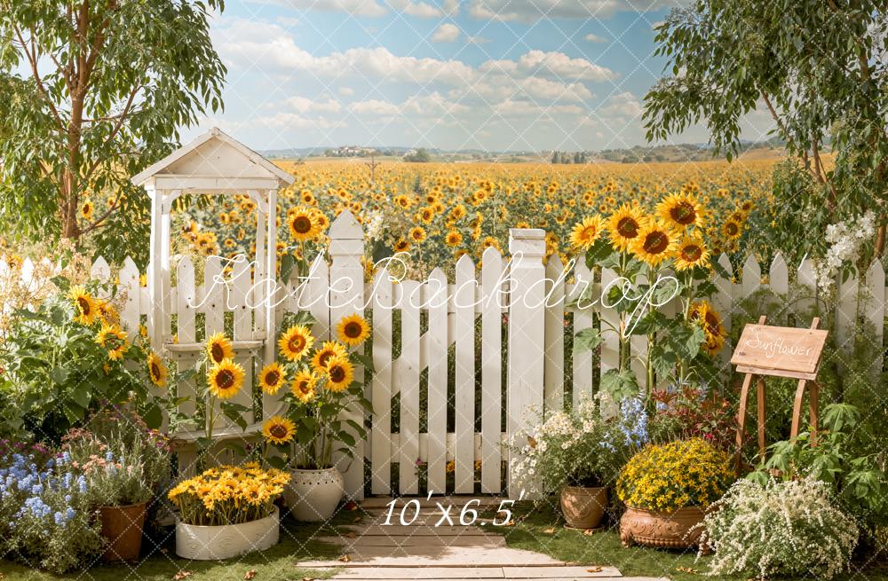 Kate Sunflower Field White Picket Fence Garden Fleece Backdrop Designed by Emetselch - Image 2