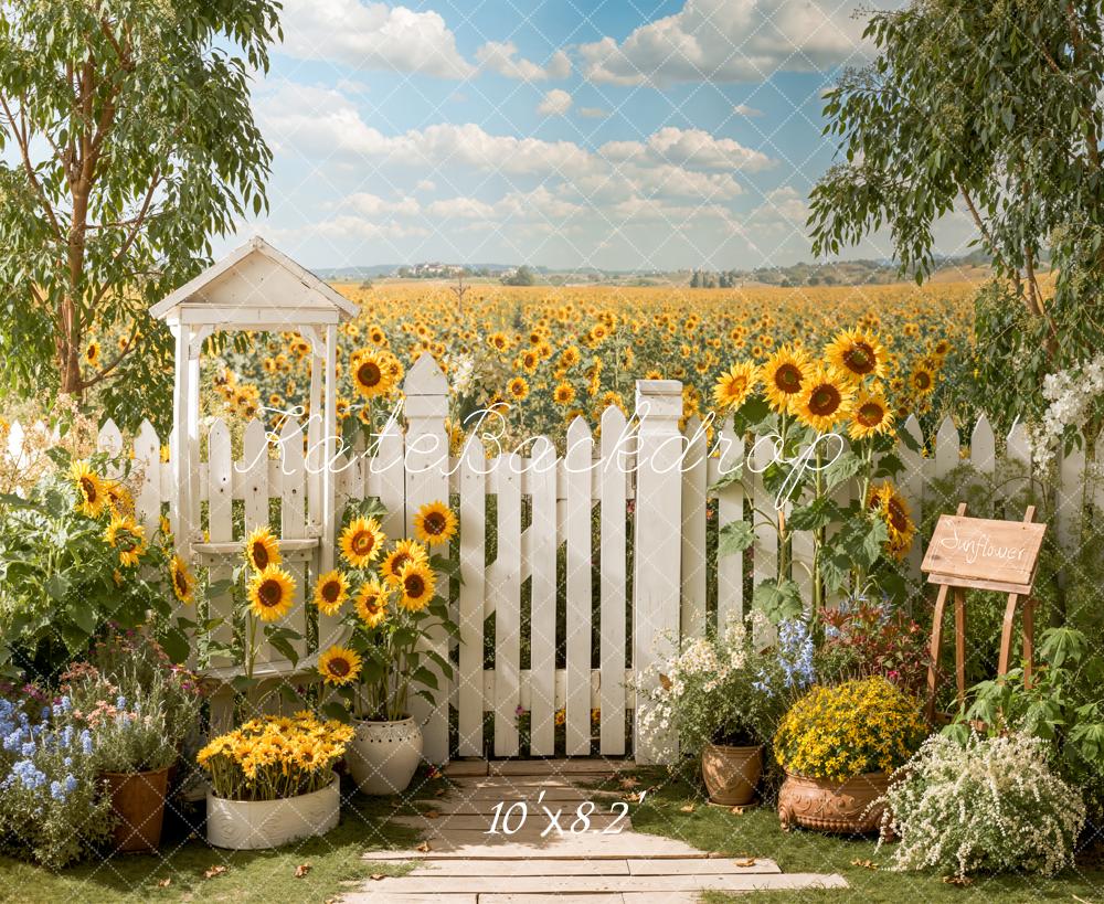 Kate Sunflower Field White Picket Fence Garden Fleece Backdrop Designed by Emetselch - Image 3