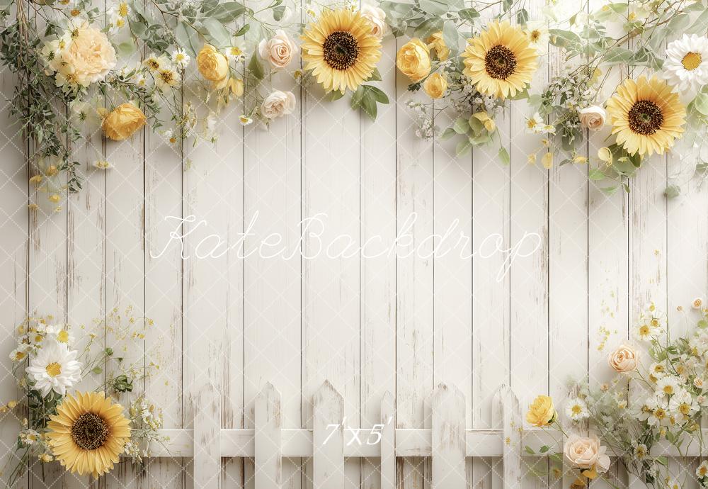 Kate Sunflower Floral White Wood Fence Backdrop Designed by Angela Marie Photography
