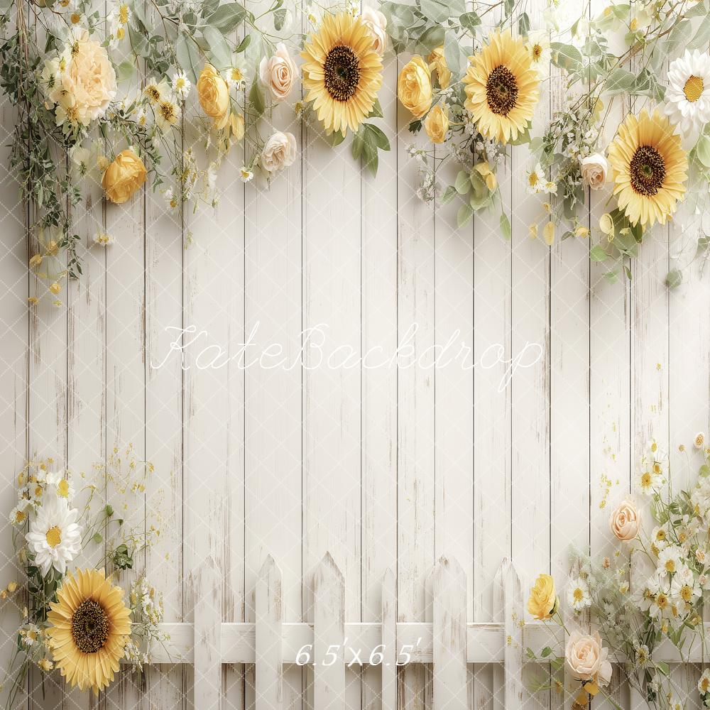 Kate Sunflower Floral White Wood Fence Backdrop Designed by Angela Marie Photography - Image 2