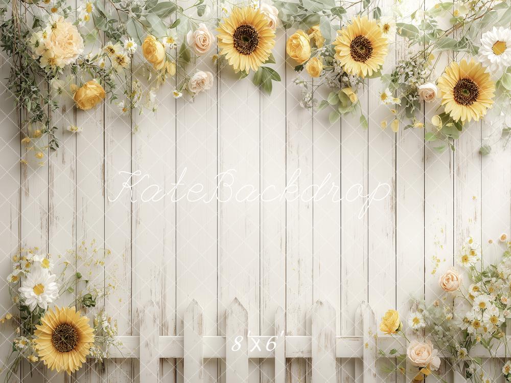 Kate Sunflower White Wood Fence Floral Fleece Backdrop Designed by Angela Marie Photography