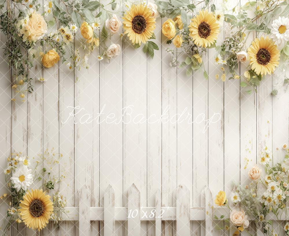 Kate Sunflower White Wood Fence Floral Fleece Backdrop Designed by Angela Marie Photography - Image 3