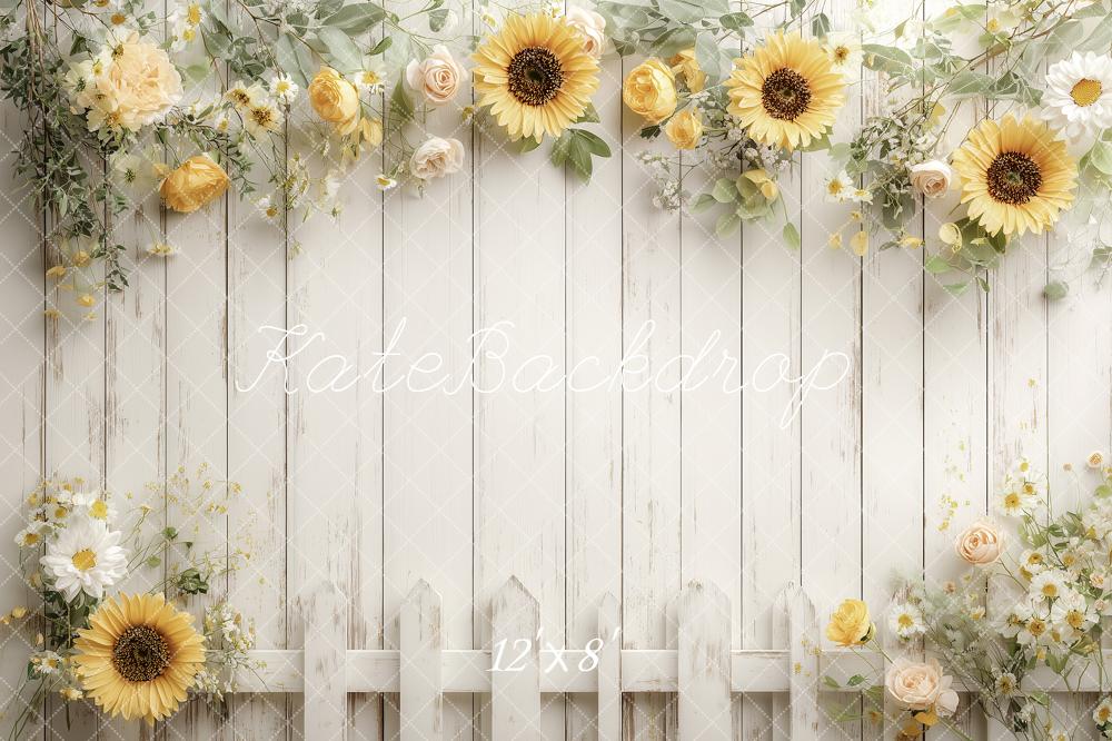 Kate Sunflower White Wood Fence Floral Fleece Backdrop Designed by Angela Marie Photography - Image 4