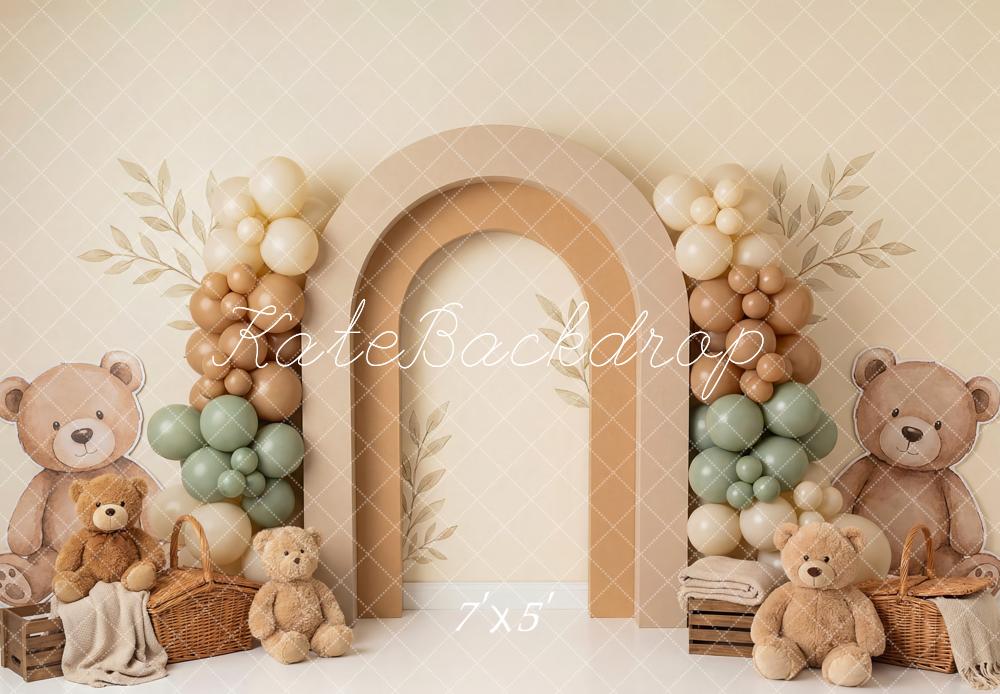 Kate Teddy Bear Balloon Arch Baskets Neutral Backdrop Designed by Patty Robert