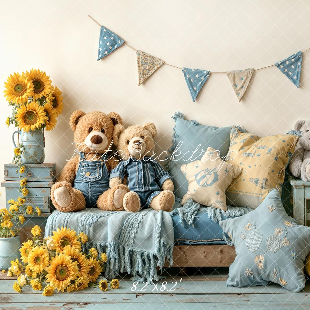 Kate Teddy Bears Sunflowers Blue Cushions Backdrop Designed by Emetselch - Image 5