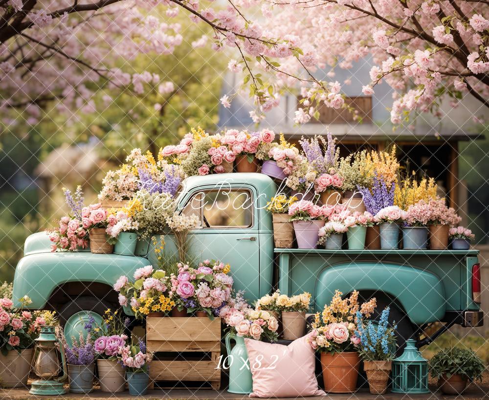 Kate Truck Flower Pots Blossoms Fleece Backdrop Designed by Emetselch - Image 3