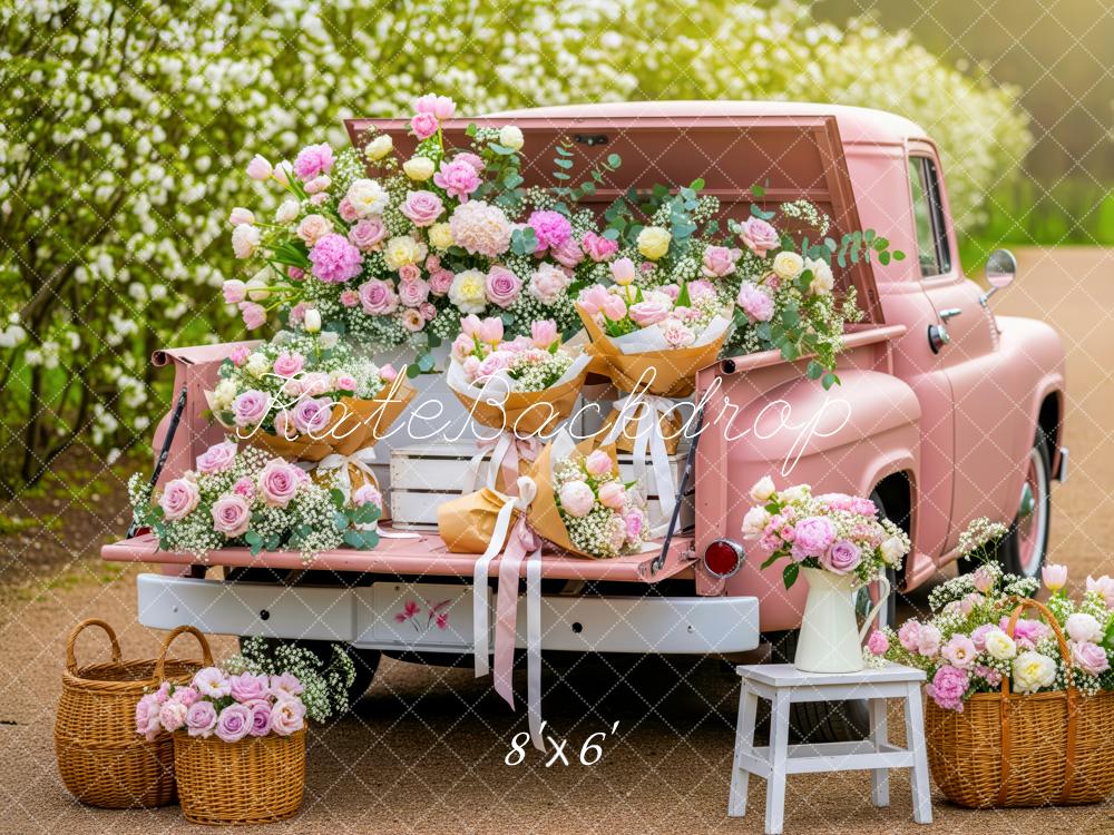 Kate Truck Pink Flowers Baskets Fleece Backdrop Designed by Patty Robert