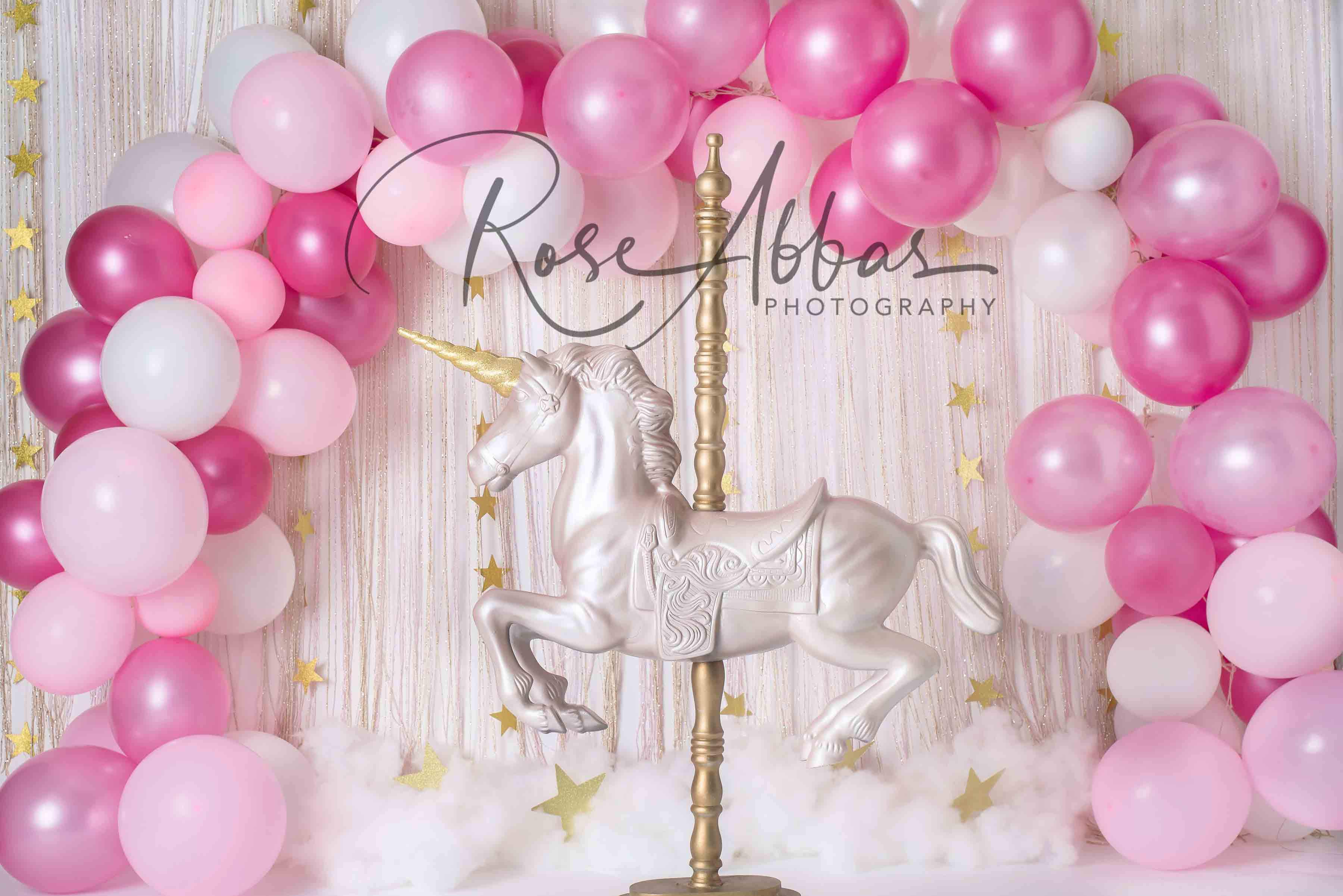 Kate Unicorn in Pink Balloons Backdrop for Children Designed By Rose Abbas