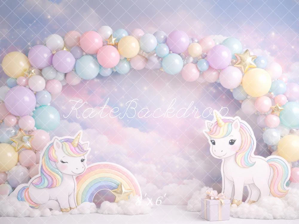 Kate Unicorn Pastel Rainbow Balloons Fleece Backdrop Designed by Megan Leigh Photography