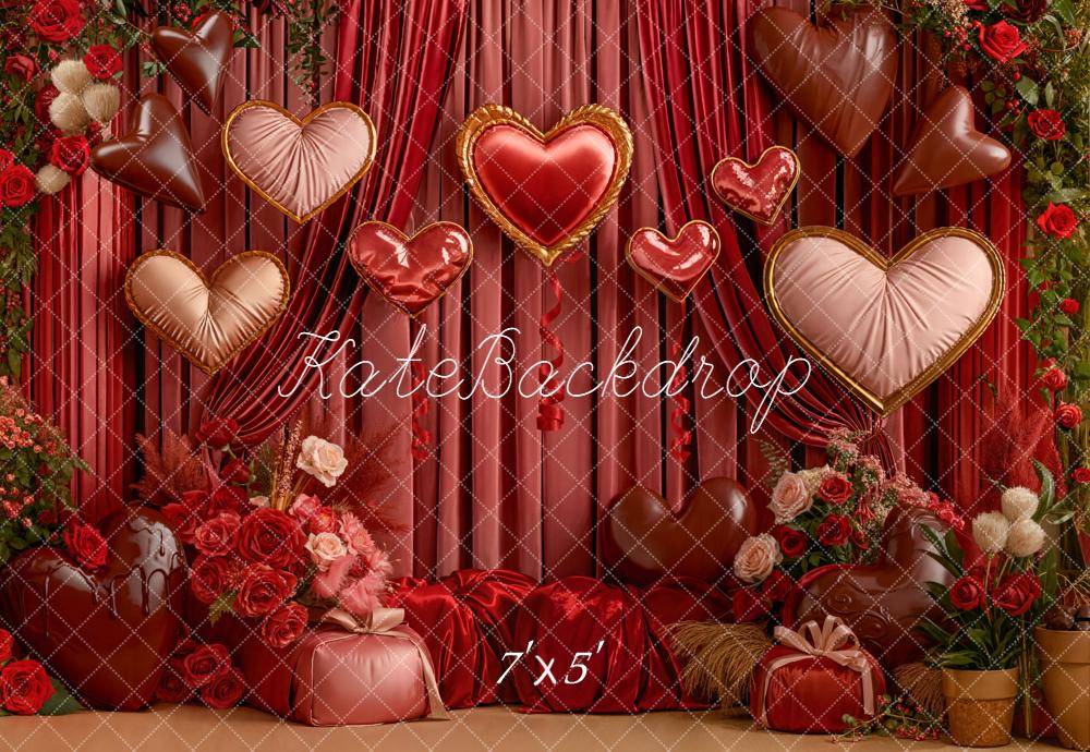 Kate Valentine Heart Balloons Roses Red Curtains Backdrop Designed by Emetselch