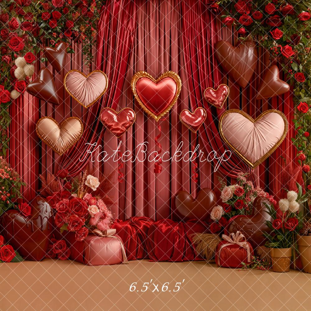 Kate Valentine Heart Balloons Roses Red Curtains Backdrop Designed by Emetselch - Image 2