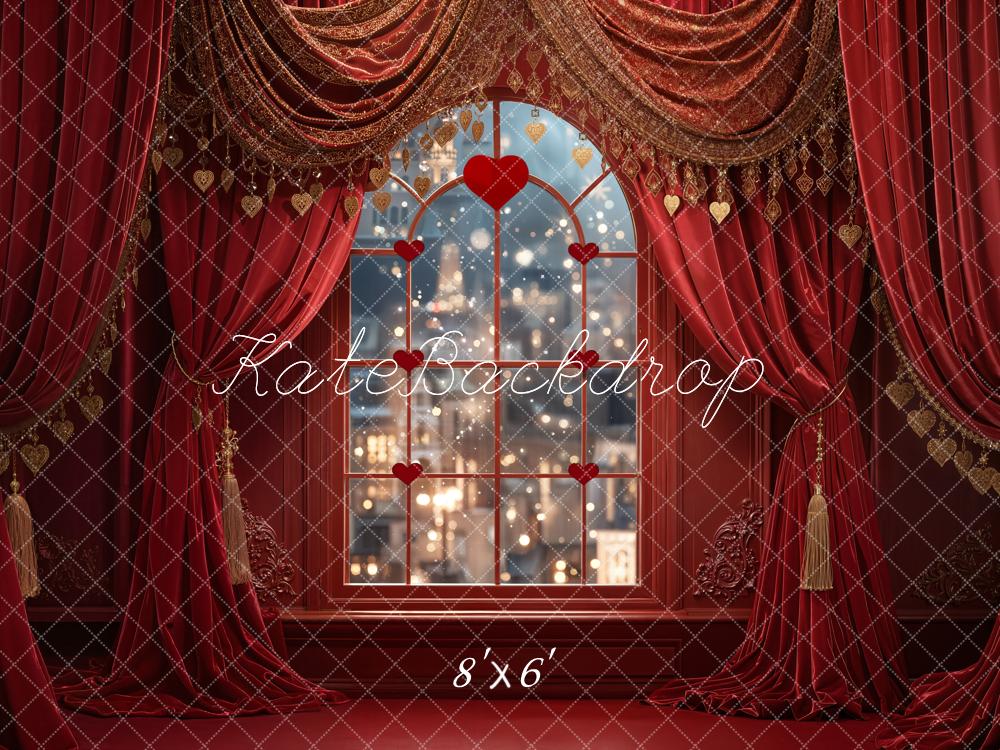 Kate Valentine Heart Window Red Curtains Fleece Backdrop Designed by Emetselch
