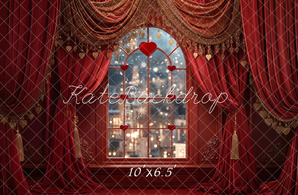 Kate Valentine Heart Window Red Curtains Fleece Backdrop Designed by Emetselch - Image 2