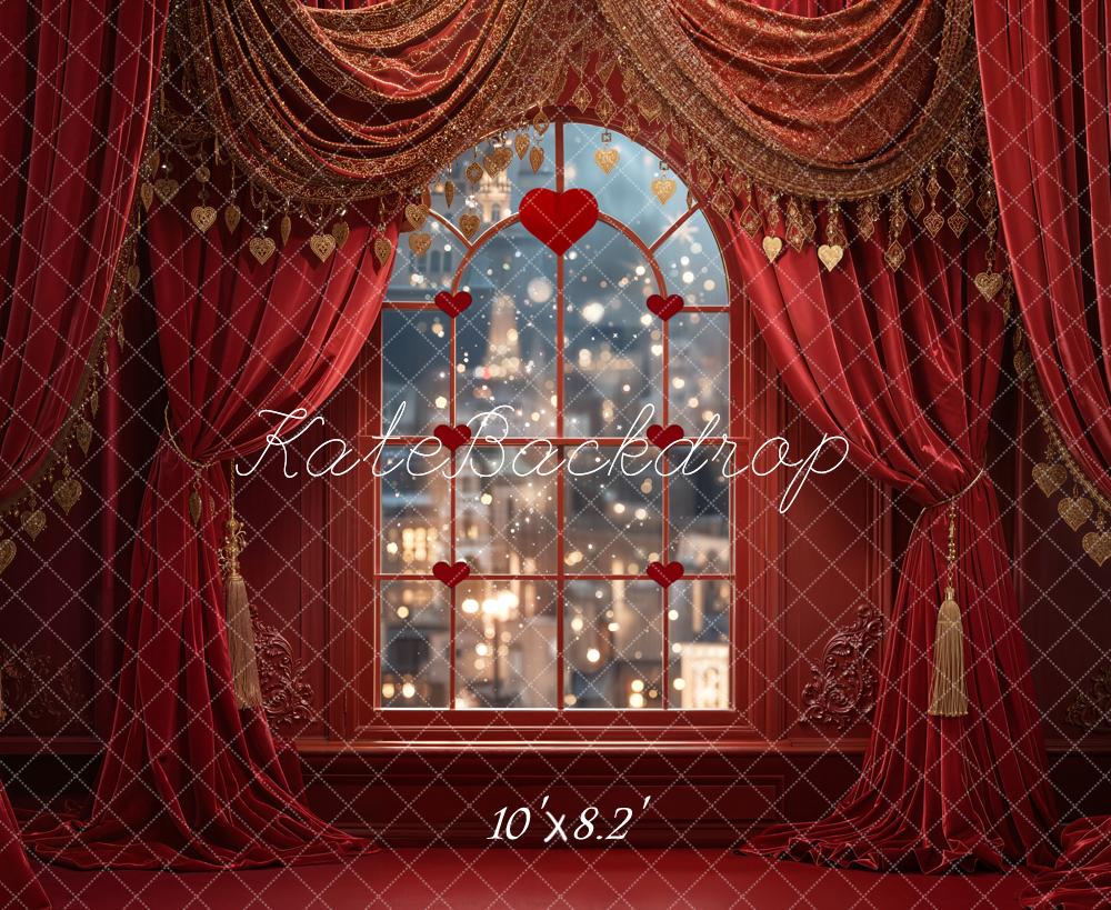 Kate Valentine Heart Window Red Curtains Fleece Backdrop Designed by Emetselch - Image 3