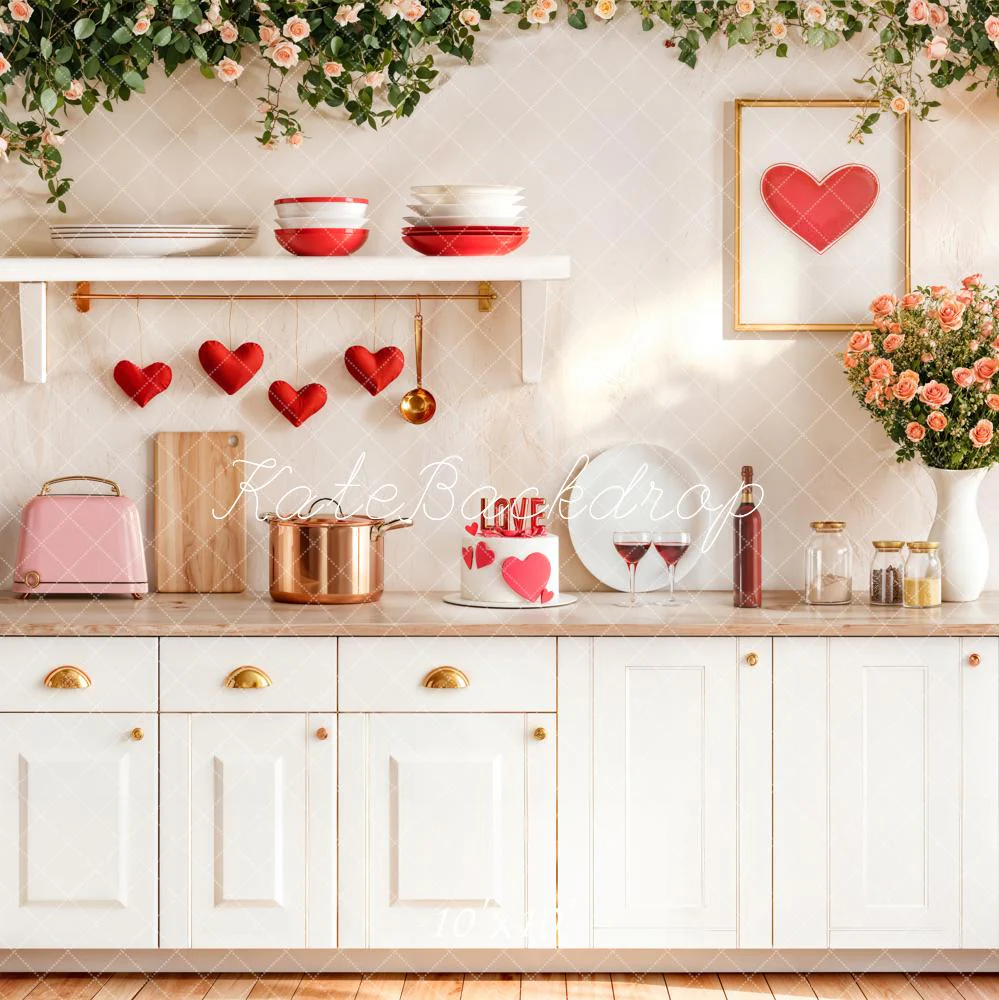 Kate Valentine White Kitchen Hearts Roses Backdrop Designed by Emetselch - Image 7