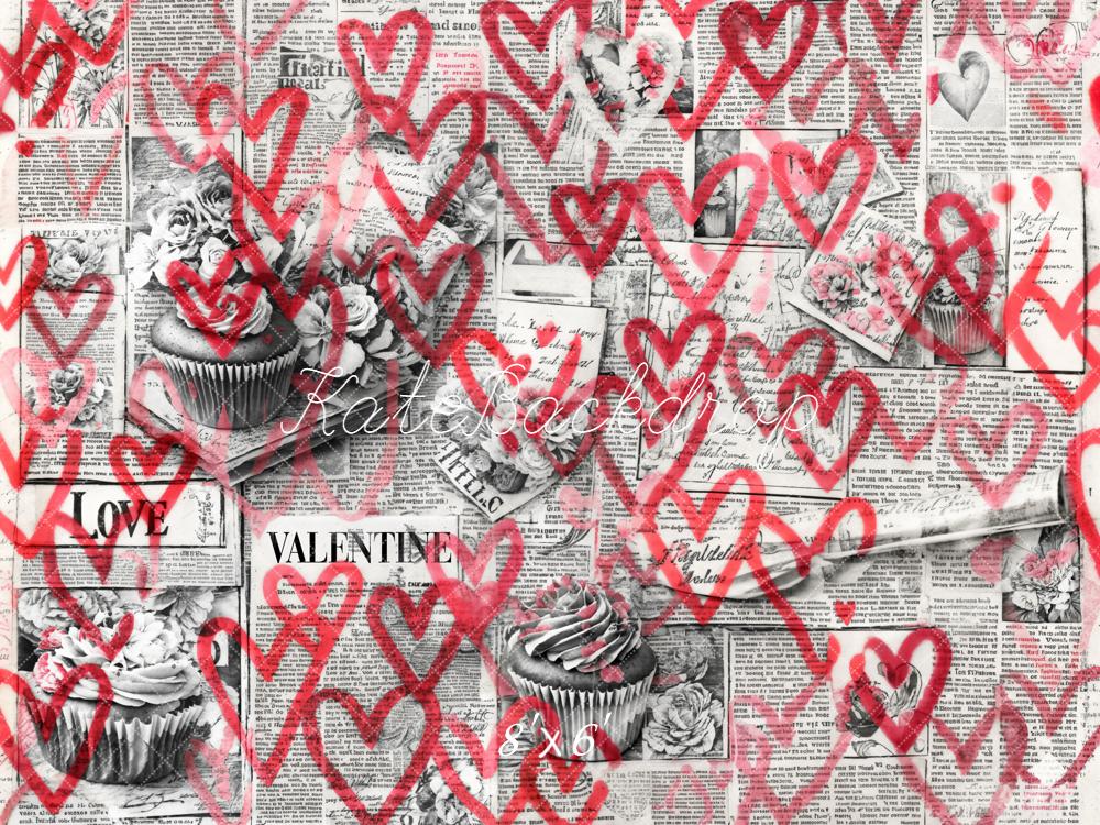 Kate Valentine Newspaper Cupcakes Red Hearts Fleece Backdrop Designed by Emetselch