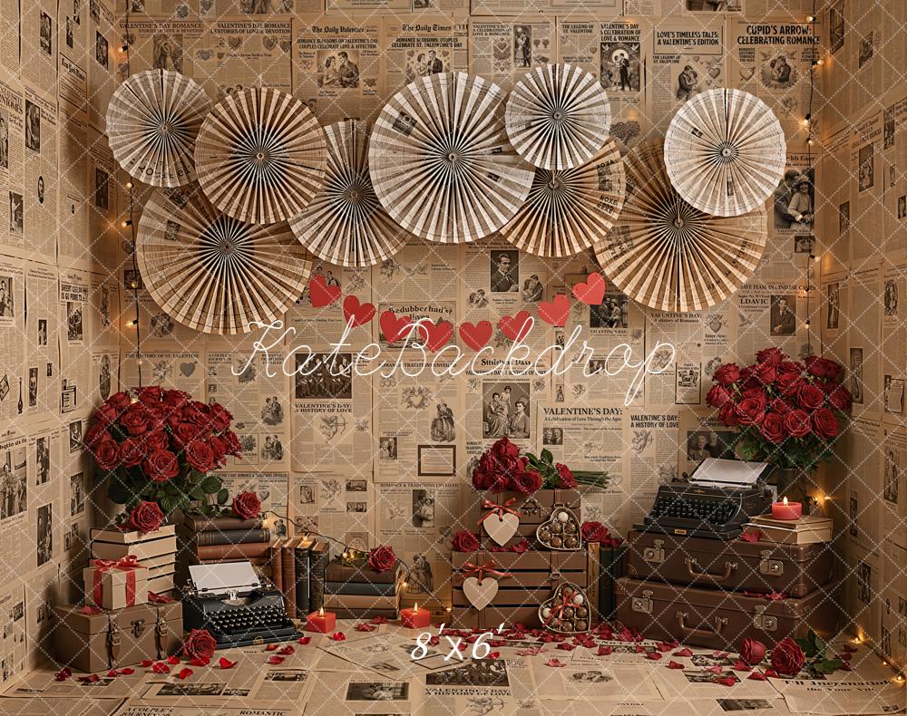 Kate Valentine Newspaper Roses Typewriter Hearts Fleece Backdrop Designed by Emetselch