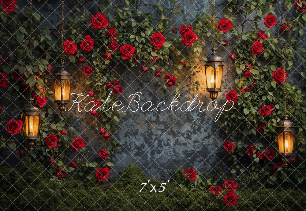Kate Valentine Night Roses Lantern Wall Backdrop Designed by Emetselch