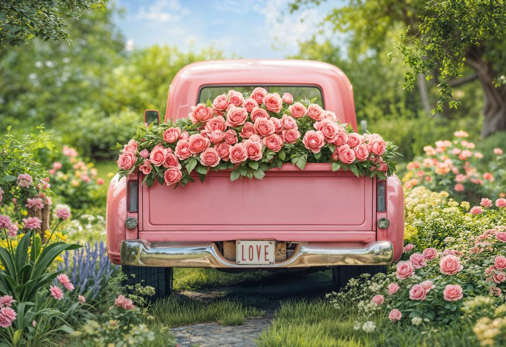 Kate Valentine Pink Truck Rose Garden Fleece Backdrop Designed by Emetselch